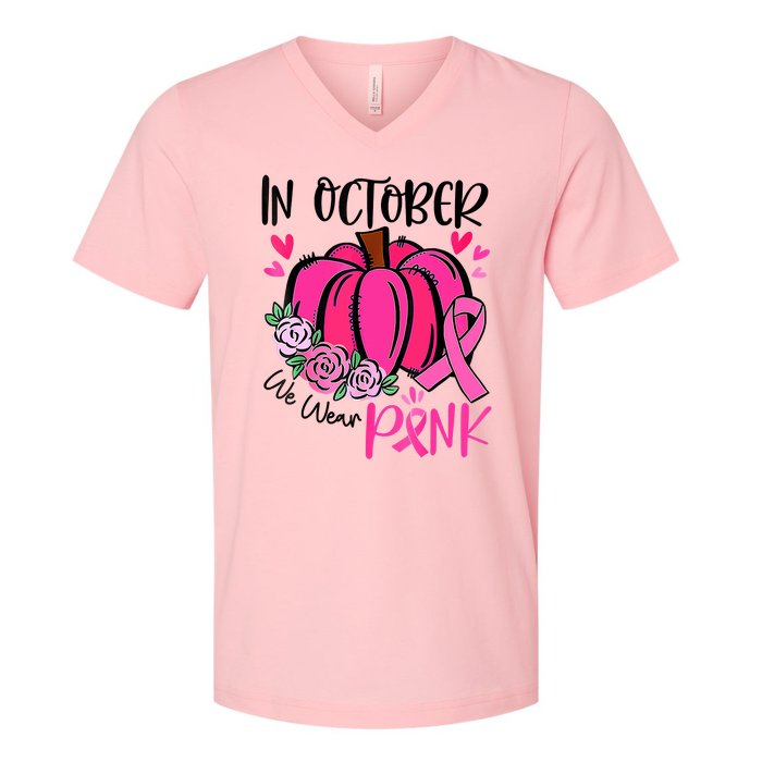 Breast Cancer Awareness In October We Wear Pink Pumpkin V-Neck T-Shirt