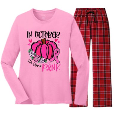 Breast Cancer Awareness In October We Wear Pink Pumpkin Women's Long Sleeve Flannel Pajama Set 