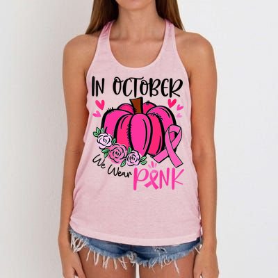 Breast Cancer Awareness In October We Wear Pink Pumpkin Women's Knotted Racerback Tank