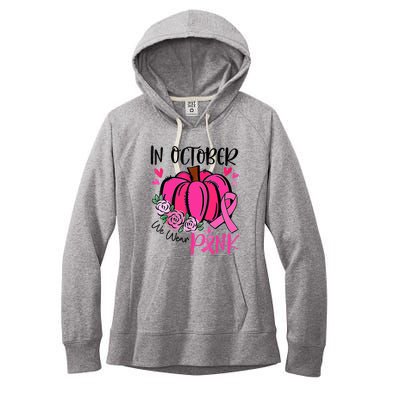 Breast Cancer Awareness In October We Wear Pink Pumpkin Women's Fleece Hoodie