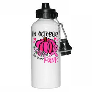 Breast Cancer Awareness In October We Wear Pink Pumpkin Aluminum Water Bottle