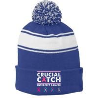 Breast Cancer Awareness Crucial A Catch Intercept Cancer Stripe Pom Pom Beanie