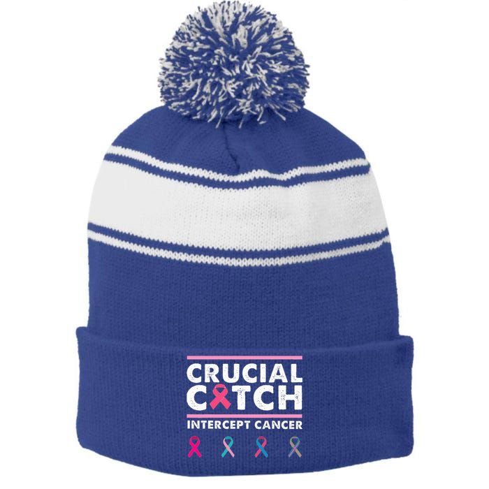 Breast Cancer Awareness Crucial A Catch Intercept Cancer Stripe Pom Pom Beanie