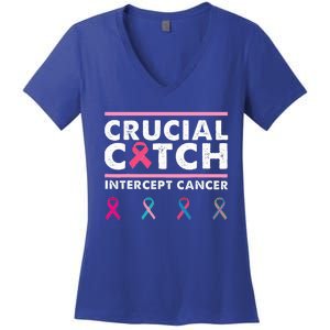 Breast Cancer Awareness Crucial A Catch Intercept Cancer Women's V-Neck T-Shirt