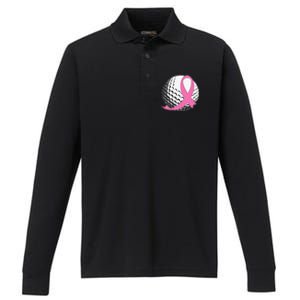 Breast Cancer Awareness Golf Ball Pink Ribbon Performance Long Sleeve Polo