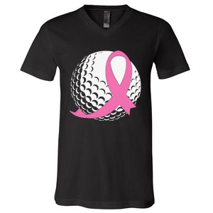 Breast Cancer Awareness Golf Ball Pink Ribbon V-Neck T-Shirt