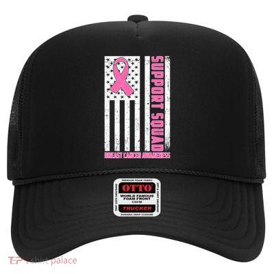 Breast Cancer Awareness Support Squad Distressed USA Flag High Crown Mesh Back Trucker Hat
