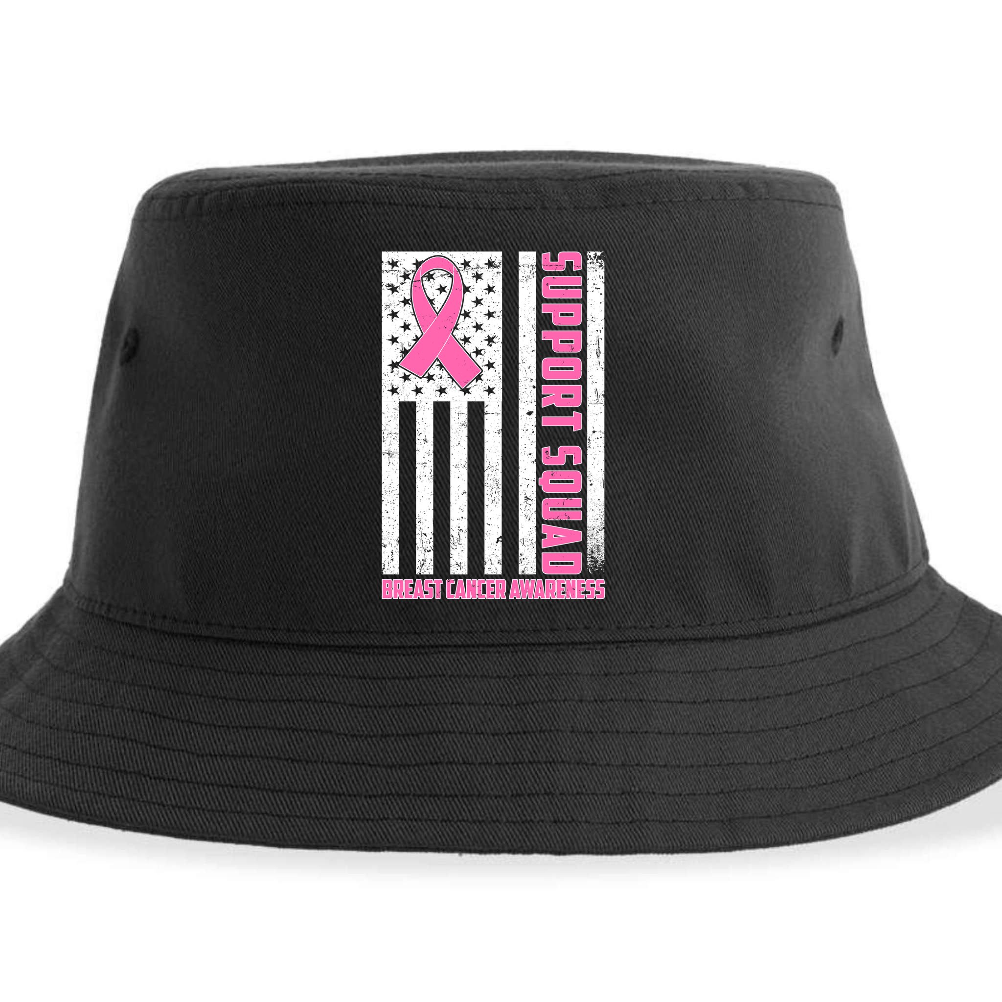Breast Cancer Awareness Support Squad Distressed USA Flag Sustainable Bucket Hat