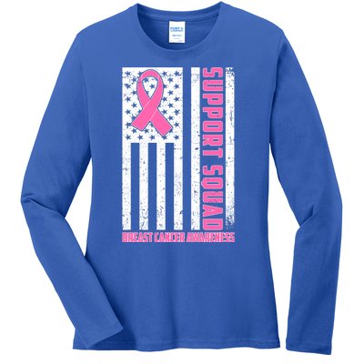 Breast Cancer Awareness Support Squad Distressed USA Flag Ladies Long Sleeve Shirt