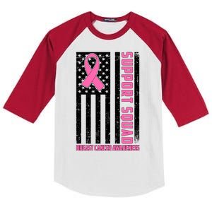 Breast Cancer Awareness Support Squad Distressed USA Flag Kids Colorblock Raglan Jersey