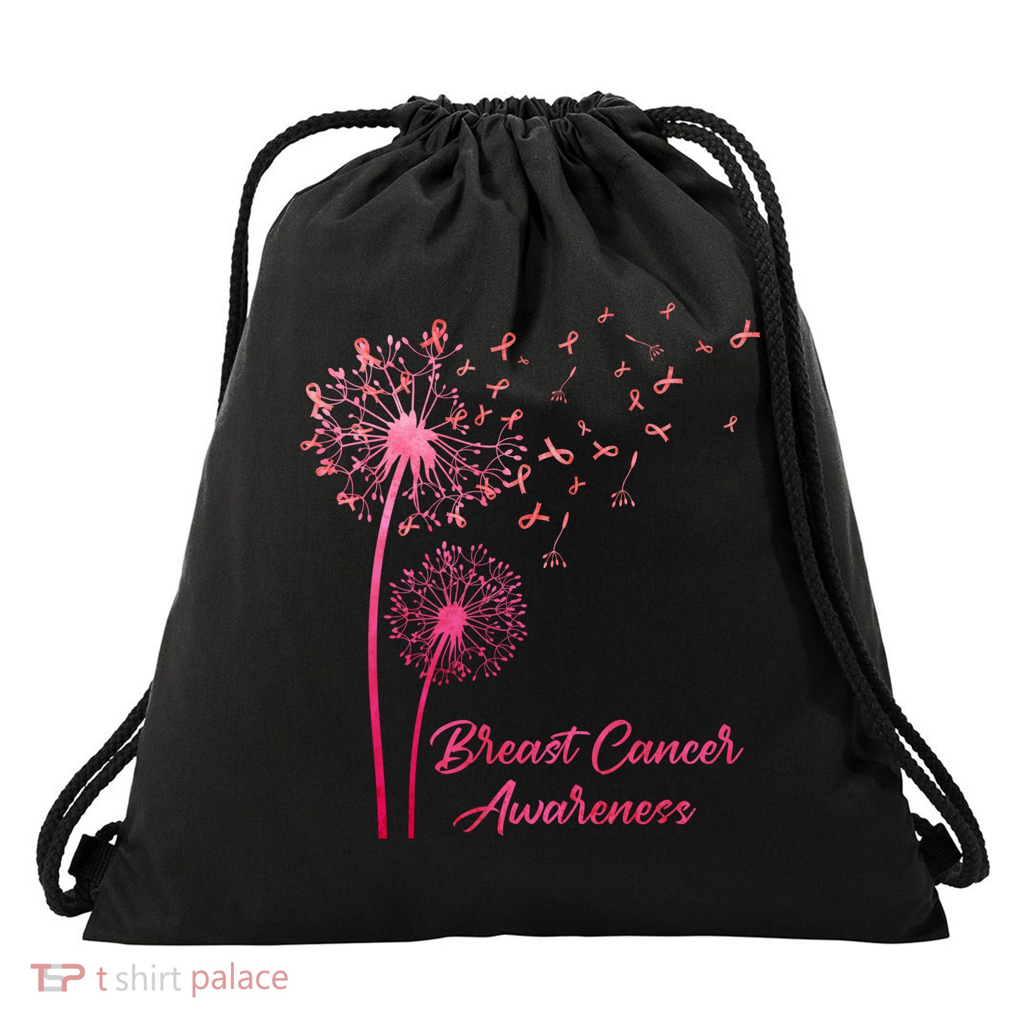 Breast Cancer Awareness Dandelion Pink Ribbon Drawstring Bag