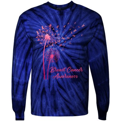 Breast Cancer Awareness Dandelion Pink Ribbon Tie-Dye Long Sleeve Shirt