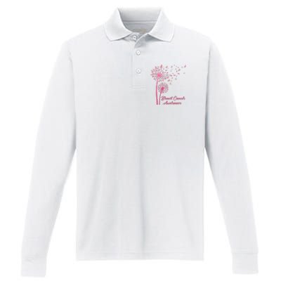 Breast Cancer Awareness Dandelion Pink Ribbon Performance Long Sleeve Polo