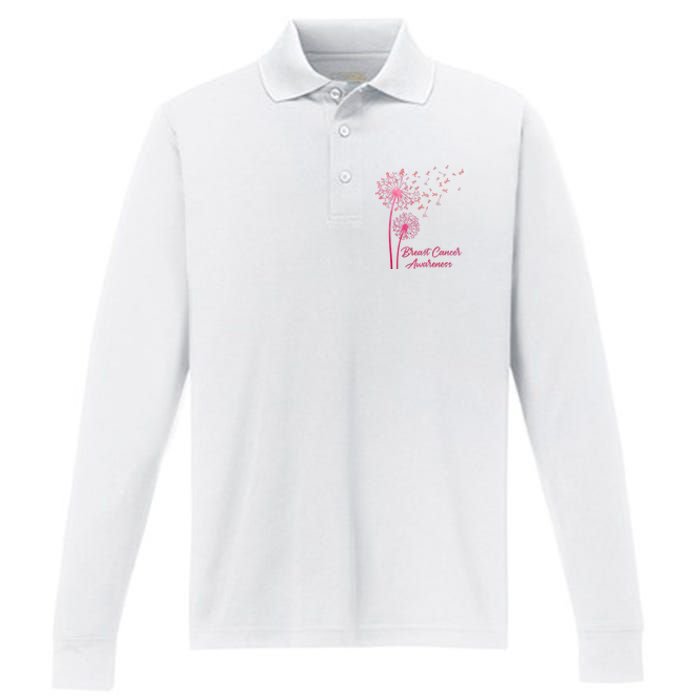 Breast Cancer Awareness Dandelion Pink Ribbon Performance Long Sleeve Polo