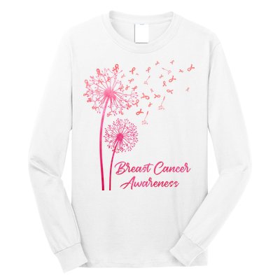 Breast Cancer Awareness Dandelion Pink Ribbon Long Sleeve Shirt