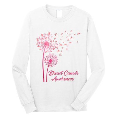 Breast Cancer Awareness Dandelion Pink Ribbon Long Sleeve Shirt