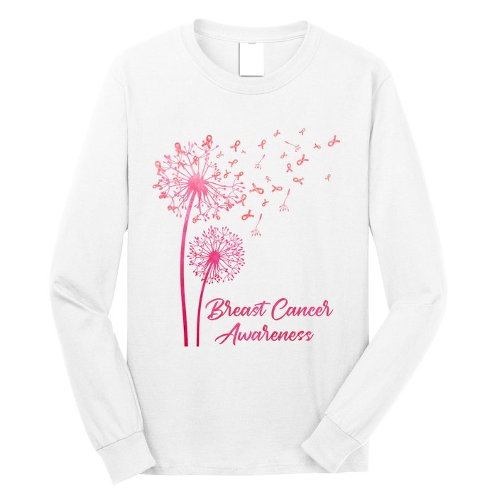 Breast Cancer Awareness Dandelion Pink Ribbon Long Sleeve Shirt