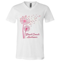 Breast Cancer Awareness Dandelion Pink Ribbon V-Neck T-Shirt