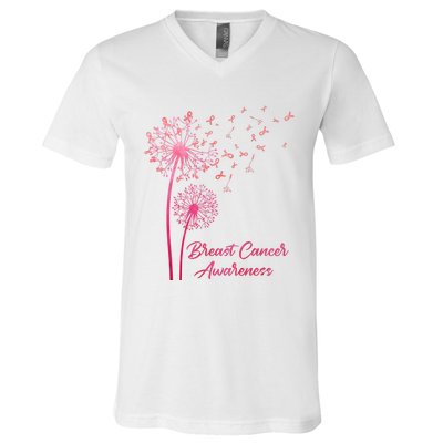 Breast Cancer Awareness Dandelion Pink Ribbon V-Neck T-Shirt