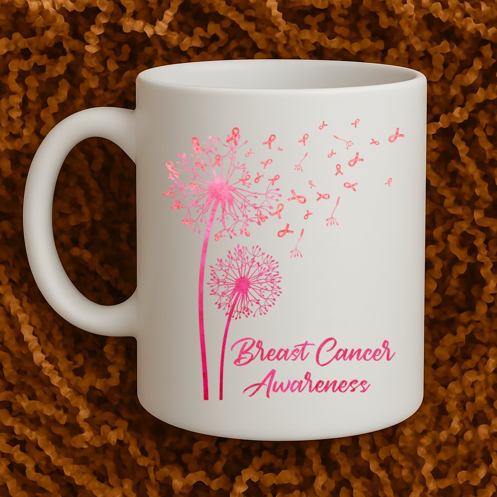 Breast Cancer Awareness Dandelion Pink Ribbon Mug
