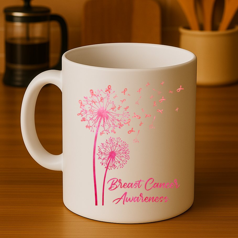 Breast Cancer Awareness Dandelion Pink Ribbon Mug