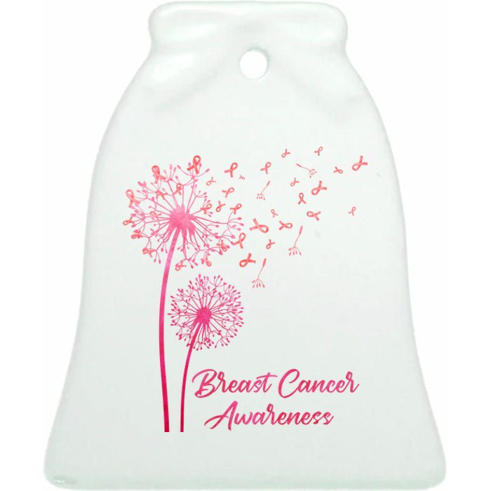 Breast Cancer Awareness Dandelion Pink Ribbon Ceramic Bell Ornament