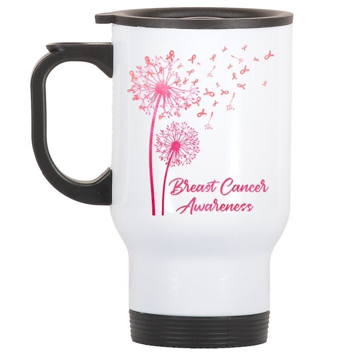 Breast Cancer Awareness Dandelion Pink Ribbon Stainless Steel Travel Mug