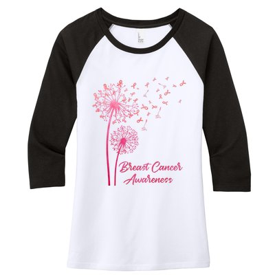 Breast Cancer Awareness Dandelion Pink Ribbon Women's Tri-Blend 3/4-Sleeve Raglan Shirt