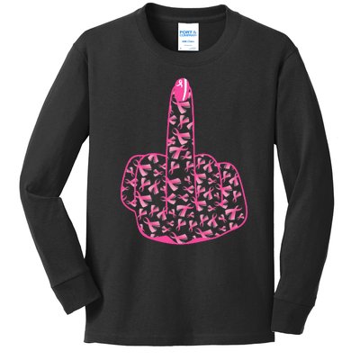 Breast Cancer Awareness FCK Breast Cancer Finger Kids Long Sleeve Shirt