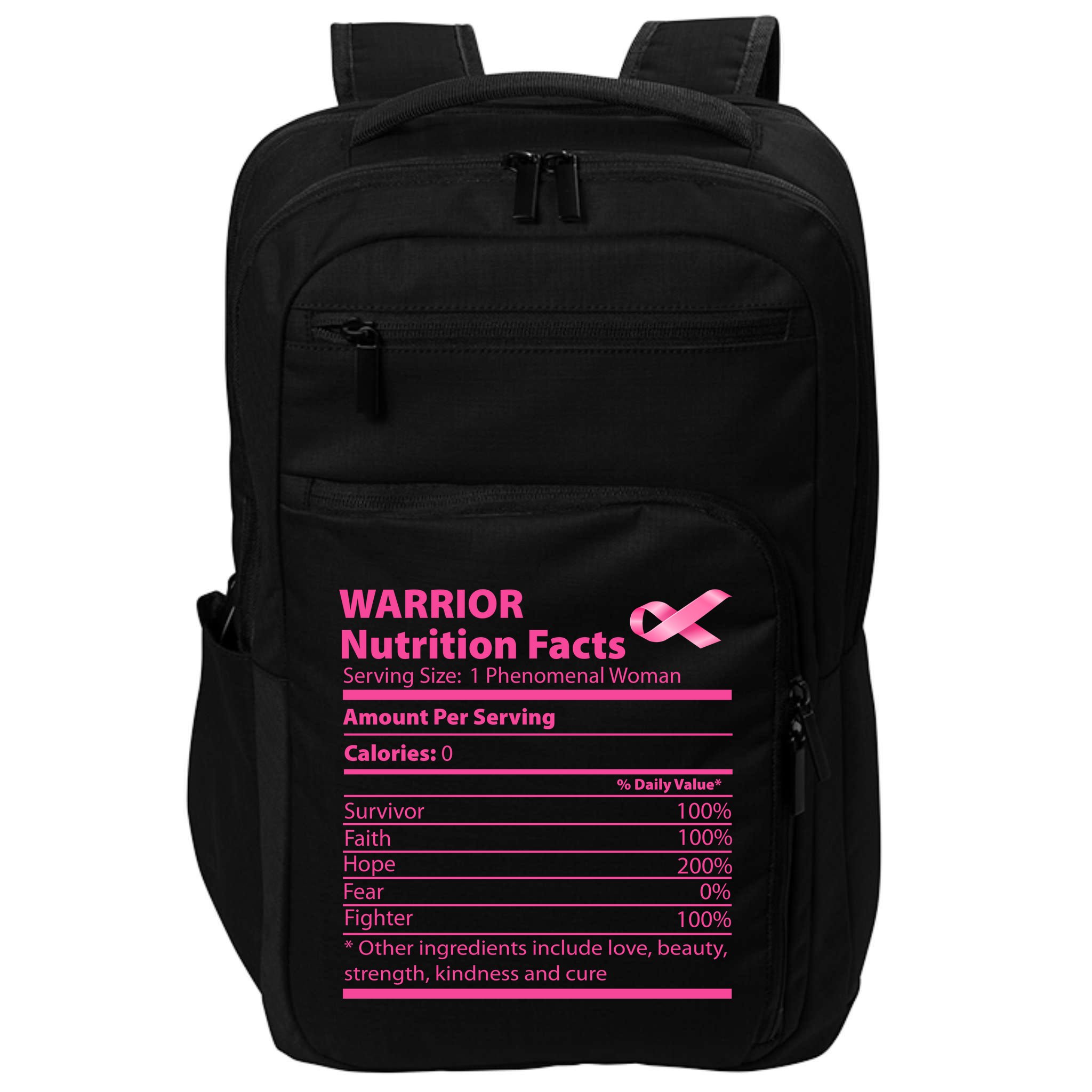 Breast Cancer Awareness Warrior Nutrition Facts Faith Hope Impact Tech Backpack