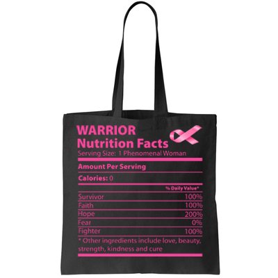 Breast Cancer Awareness Warrior Nutrition Facts Faith Hope Tote Bag