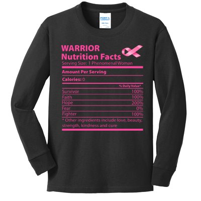 Breast Cancer Awareness Warrior Nutrition Facts Faith Hope Kids Long Sleeve Shirt