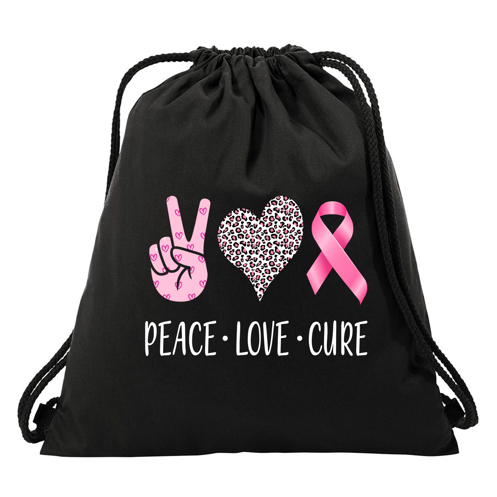 Breast Cancer Awareness Peace Love Cure Drawstring Bag