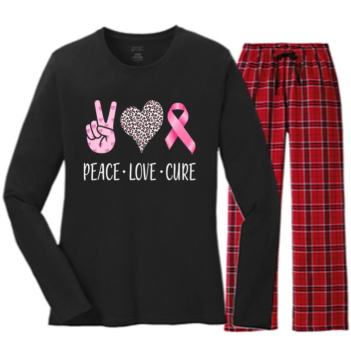 Breast Cancer Awareness Peace Love Cure Women's Long Sleeve Flannel Pajama Set 