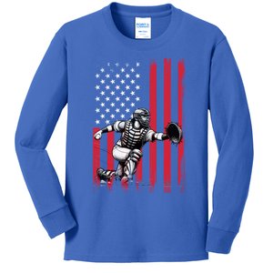 Baseball Catcher American Flag Usa Patriotic 4th Of July Gift Kids Long Sleeve Shirt