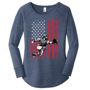 Baseball Catcher American Flag Usa Patriotic 4th Of July Gift Women's Perfect Tri Tunic Long Sleeve Shirt