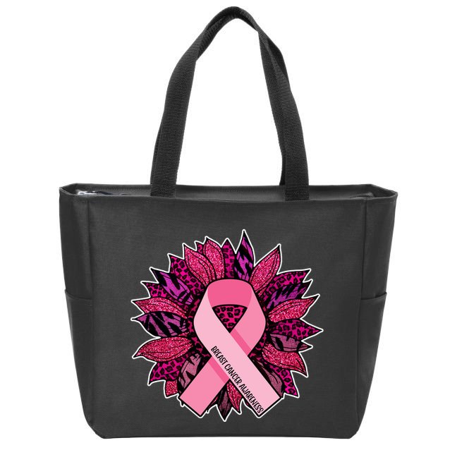 Breast Cancer Awareness Flower Ribbon Zip Tote Bag