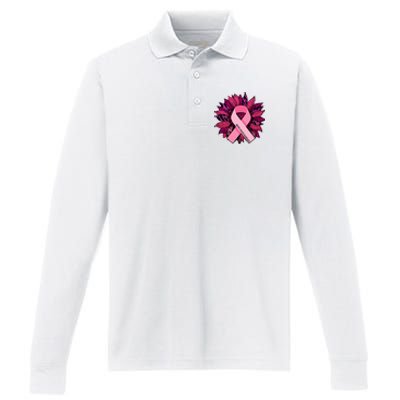 Breast Cancer Awareness Flower Ribbon Performance Long Sleeve Polo