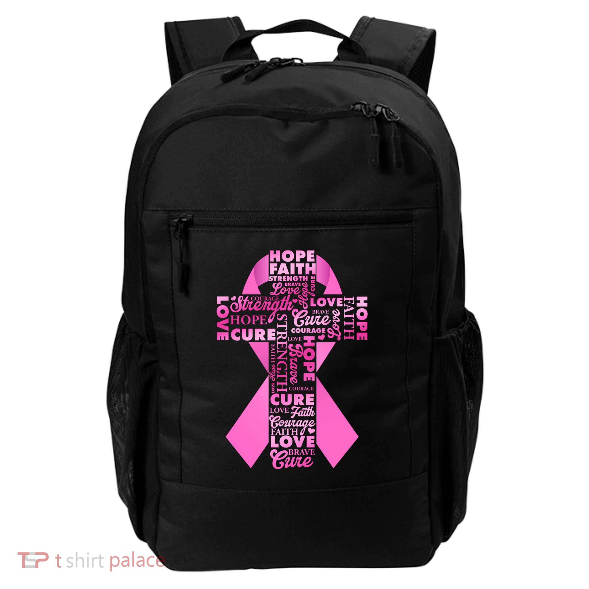 Breast Cancer Awareness Word Text Art Ribbon Cross Backpack