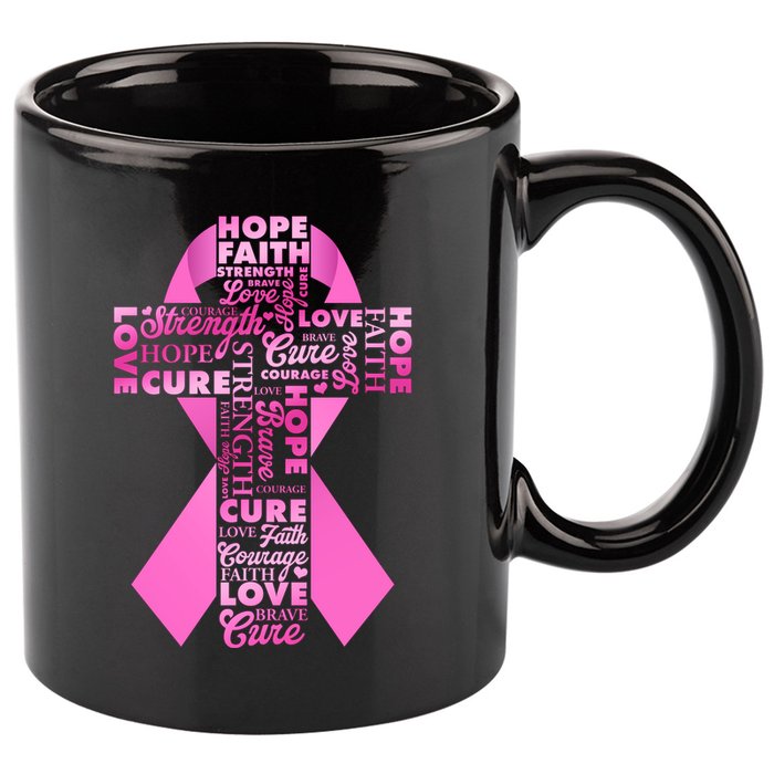 Breast Cancer Awareness Word Text Art Ribbon Cross 11oz C Handle Ceramic Mug