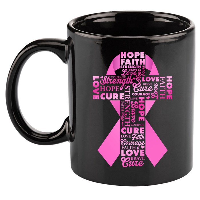 Breast Cancer Awareness Word Text Art Ribbon Cross 11oz C Handle Ceramic Mug