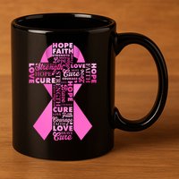 Breast Cancer Awareness Word Text Art Ribbon Cross 11oz C Handle Ceramic Mug