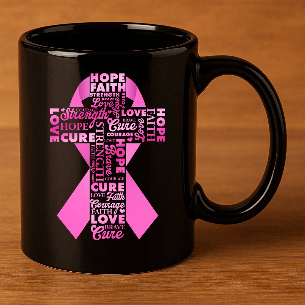 Breast Cancer Awareness Word Text Art Ribbon Cross 11oz C Handle Ceramic Mug