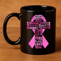 Breast Cancer Awareness Word Text Art Ribbon Cross 11oz C Handle Ceramic Mug