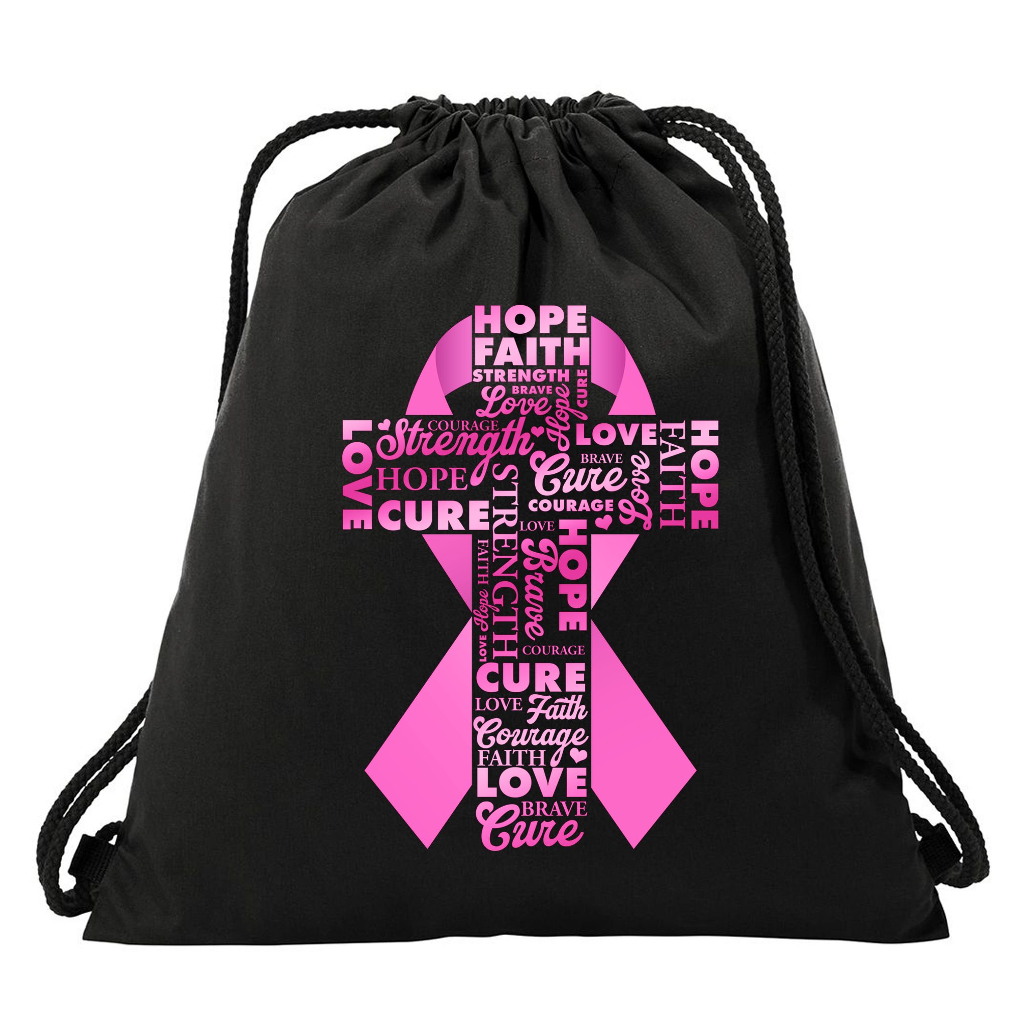 Breast Cancer Awareness Word Text Art Ribbon Cross Drawstring Bag