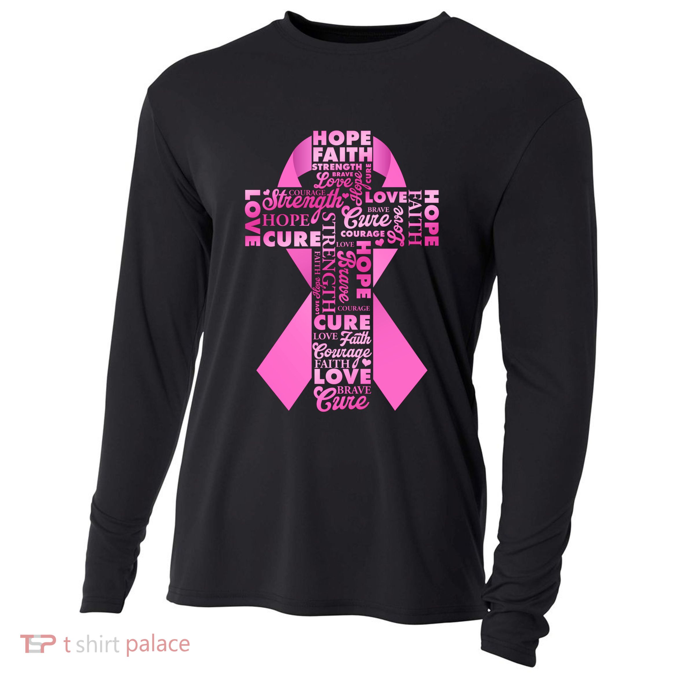 Breast Cancer Awareness Word Text Art Ribbon Cross Cooling Performance Long Sleeve Crew