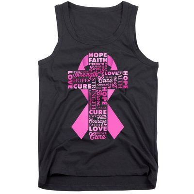 Breast Cancer Awareness Word Text Art Ribbon Cross Tank Top