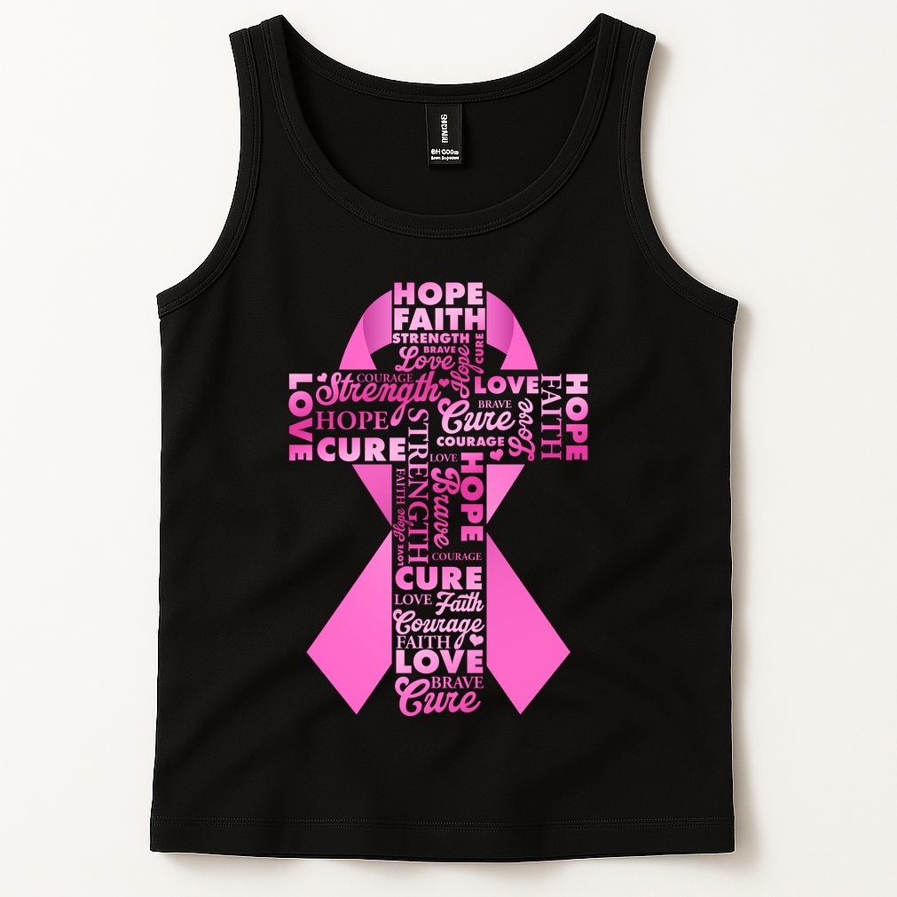 Breast Cancer Awareness Word Text Art Ribbon Cross Tank Top