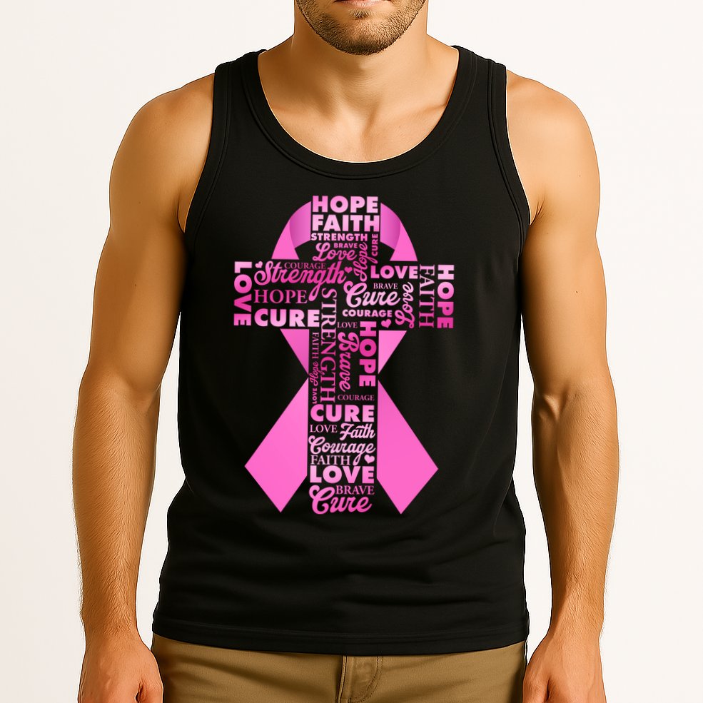 Breast Cancer Awareness Word Text Art Ribbon Cross Tank Top