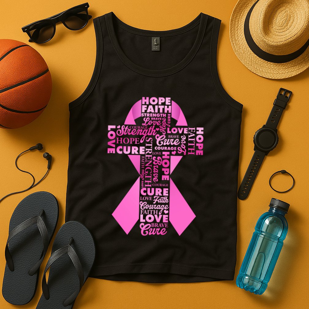 Breast Cancer Awareness Word Text Art Ribbon Cross Tank Top